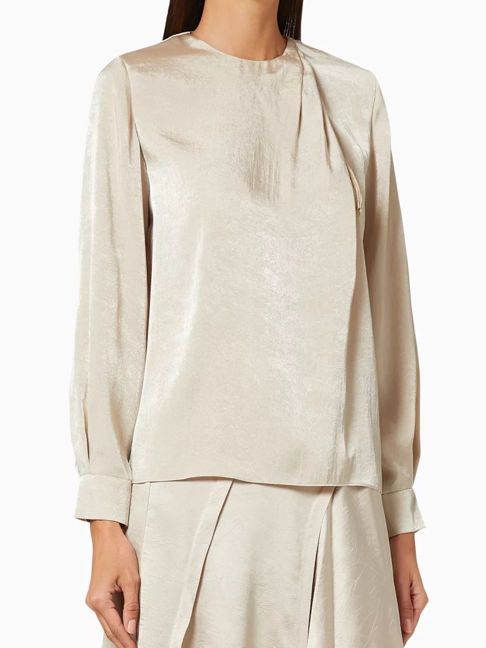 Vince Shiny Crewneck Long-Sleeve Blouse in Light Cream